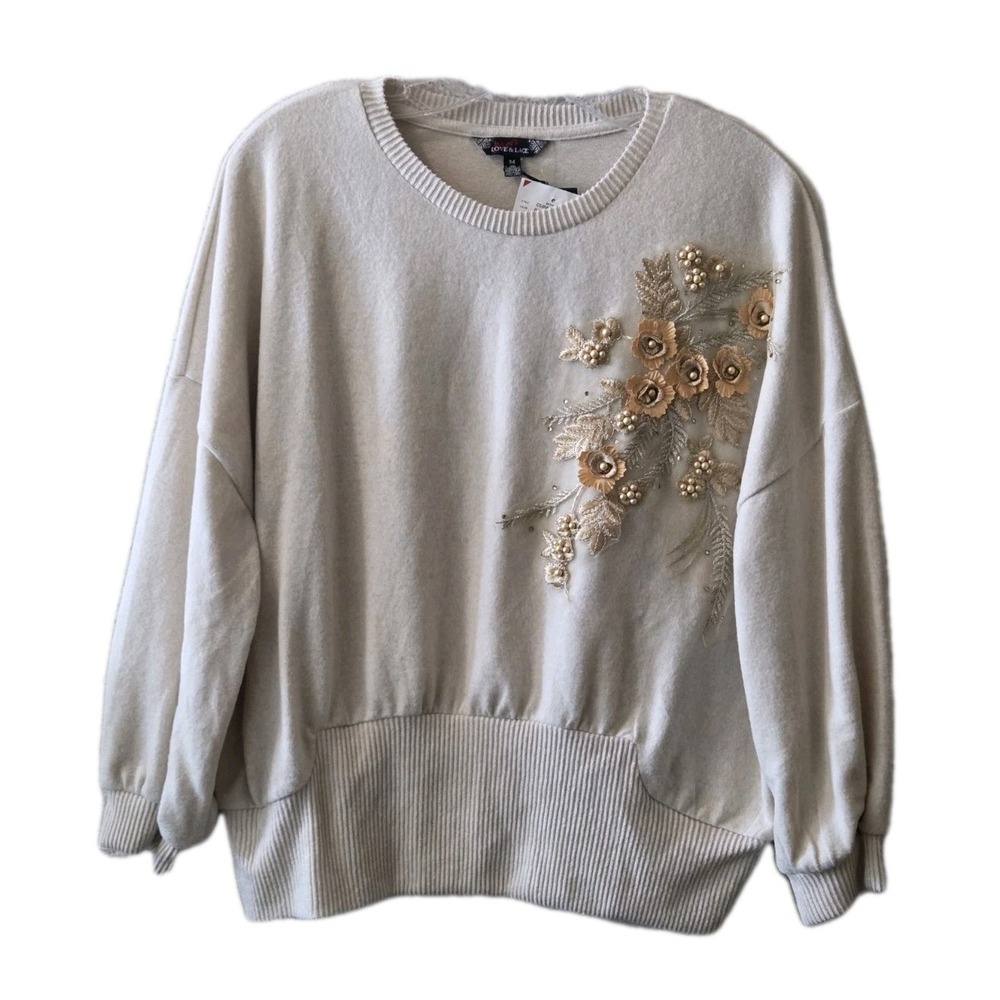 Love & Lace Ivory Embellished Floral Sweatshirt Women's M NWT‎